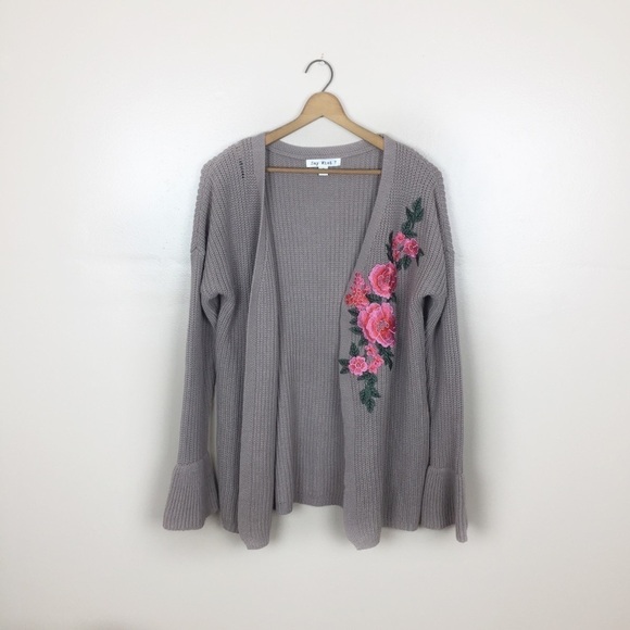 Mauve Medium Open Front Embroidered Floral Knit Cardigan - Picture 1 of 8